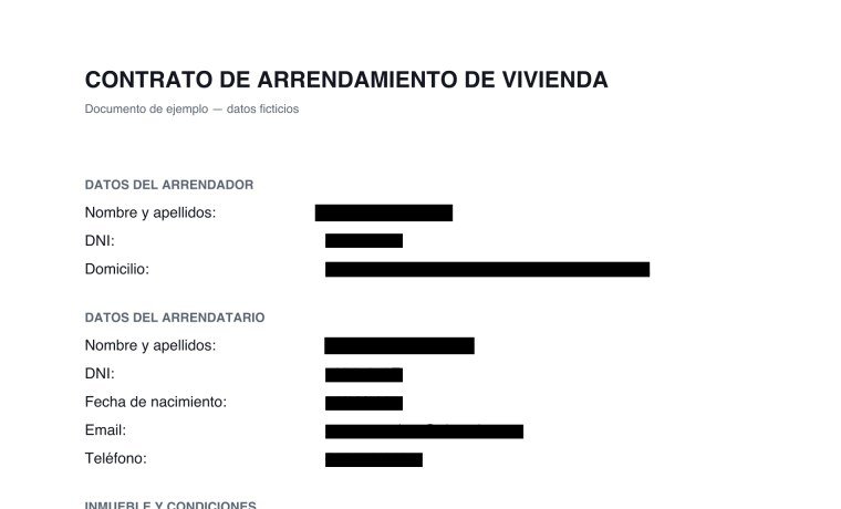 El mismo contrato tras procesarlo con Vellum, con los datos personales tapados de forma irreversible
